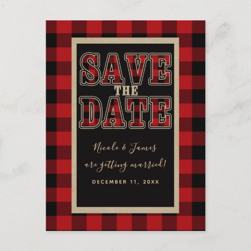 Rustic Red Black Buffalo Plaid Save the Date Announcement Postcard