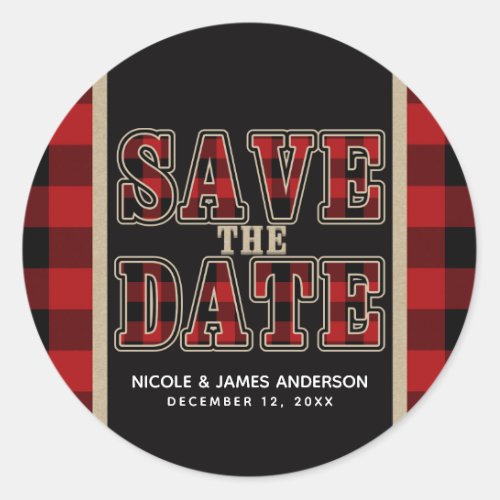 Rustic Red Black Buffalo Plaid Save the Date Classic Round Sticker