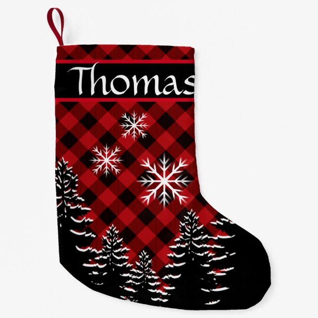 Rustic red, black buffalo plaid small christmas stocking (Front)