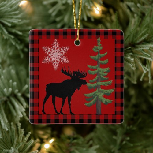 Rustic Red Black Buffalo Plaid with Moose Ornament