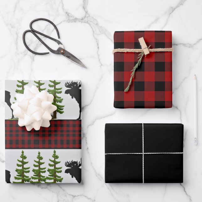 Rustic Red Black Buffalo Plaid with Moose Wrapping Paper Sheets (Front)