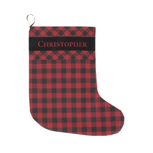 Rustic Red Black Check Plaid Monogrammed Name Large Christmas Stocking