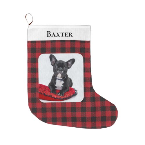 Rustic Red Black Check Plaid Pet Photo Dog Large Christmas Stocking