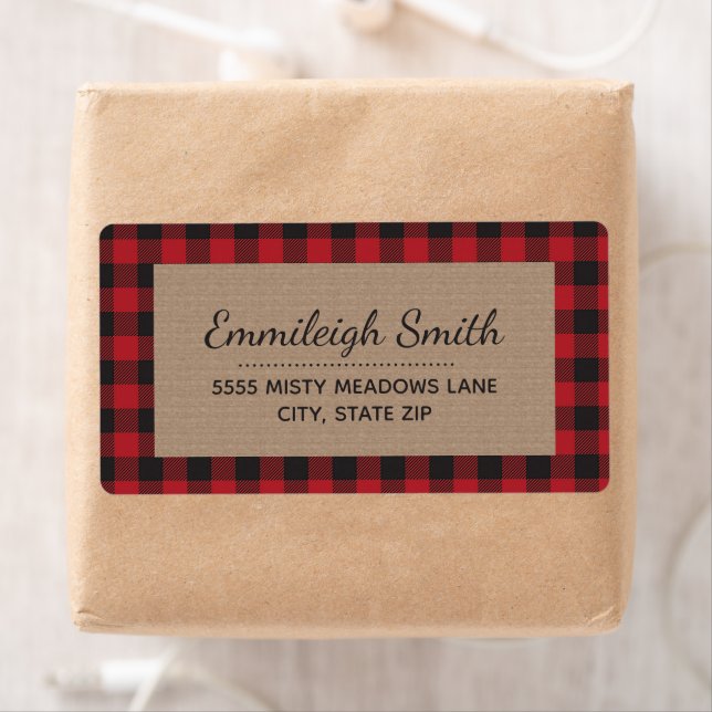 Rustic Red Black Christmas Buffalo Plaid Kraft Label (Insitu)