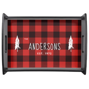 Rustic Red & Black Flannel Evergreen Monogram Serving Tray