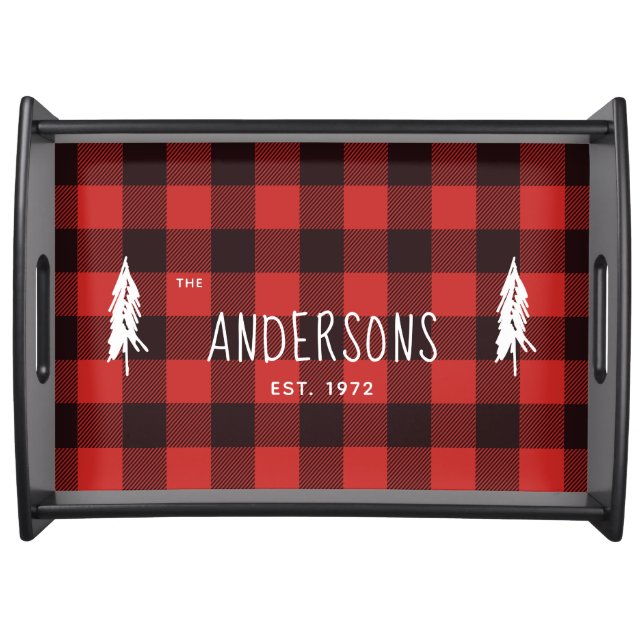 Rustic Red & Black Flannel Evergreen Monogram Serving Tray (Front)