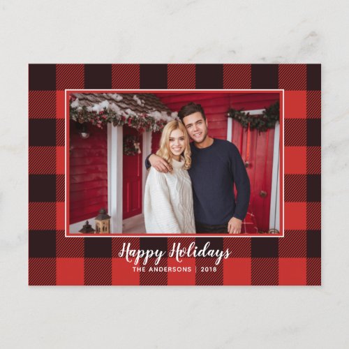 Rustic Red  Black Gingham Flannel Christmas Tree Announcement Postcard
