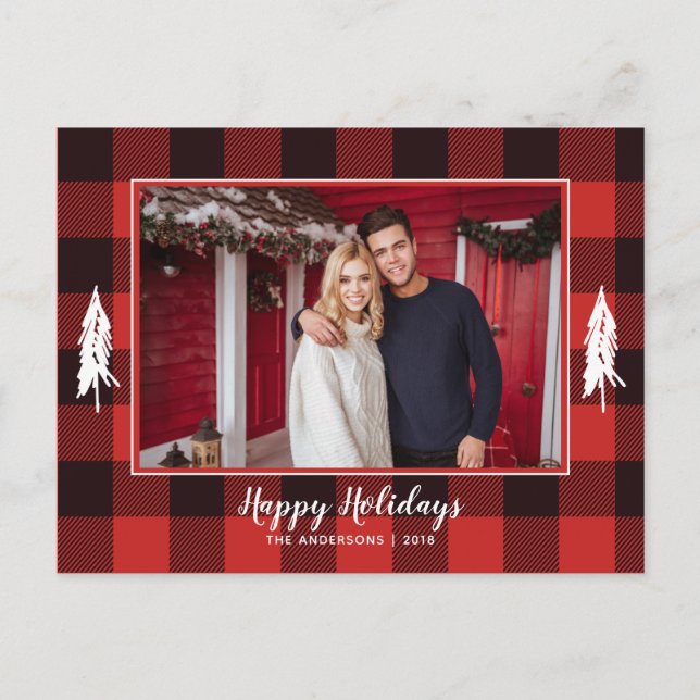 Rustic Red & Black Gingham Flannel Christmas Tree Announcement Postcard (Front)