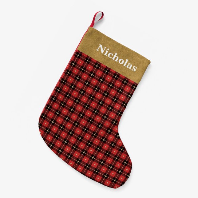 Rustic Red, Black Gold Lumberjack Plaid - Name Small Christmas Stocking (Front (Hanging))