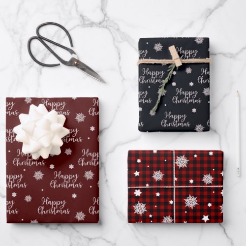 Rustic Red Black Happy Christmas Snowflakes Plaid Wrapping Paper Sheets