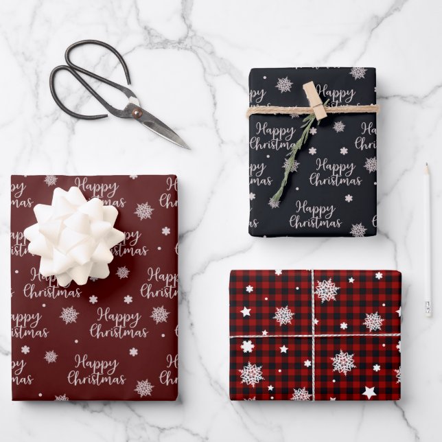 Rustic Red Black Happy Christmas Snowflakes Plaid Wrapping Paper Sheets (Front)