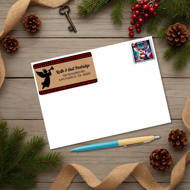Rustic Red & Black Plaid Angel Christmas Custom Label (Creator Uploaded)