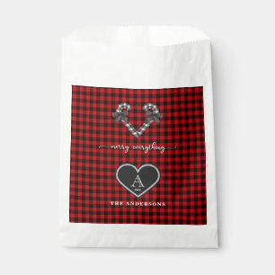 Rustic Red Black Plaid Christmas Heart Monogram Favor Bag