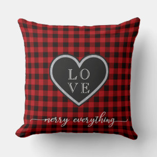 Rustic Red Black Plaid Christmas Heart Monogram Throw Pillow