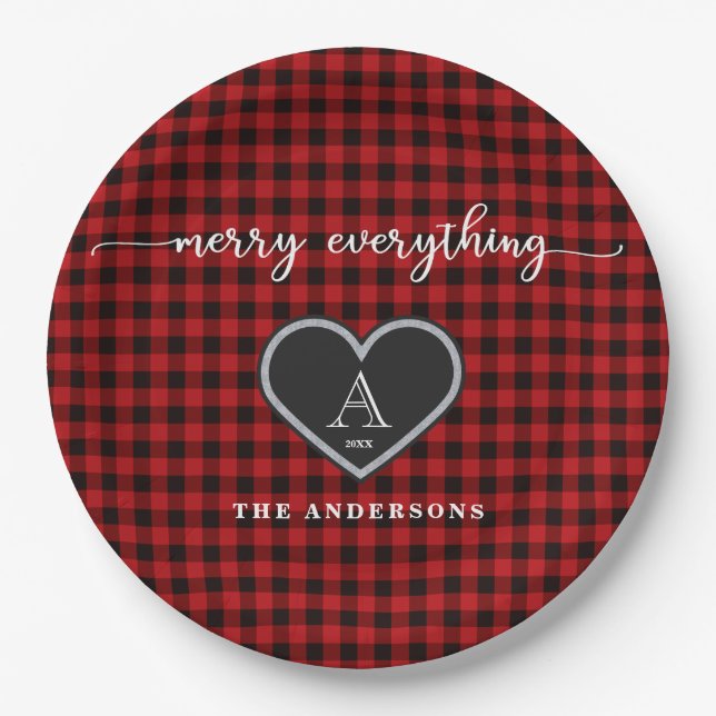 Rustic Red Black Plaid Christmas Quote Monogram Paper Plates (Front)