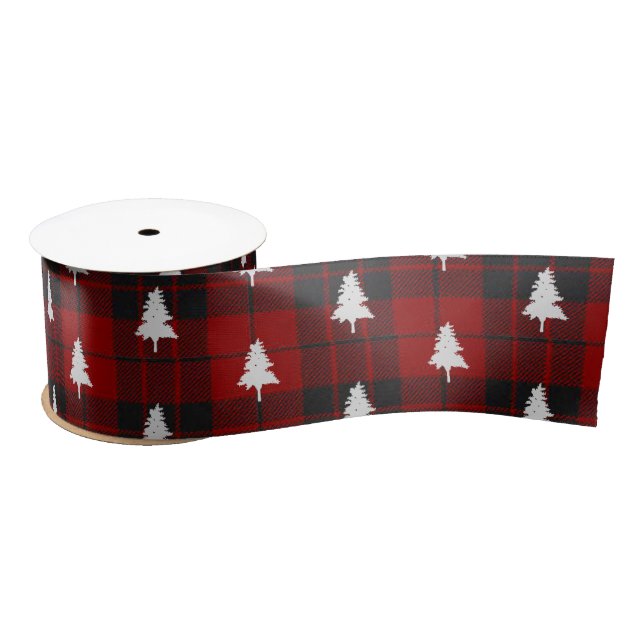 Rustic Red Black Plaid Christmas Tree Pattern Satin Ribbon (Spool)