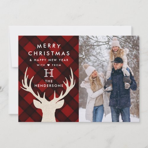 Rustic Red  Black Plaid Deer 2_Photo Christmas Holiday Card