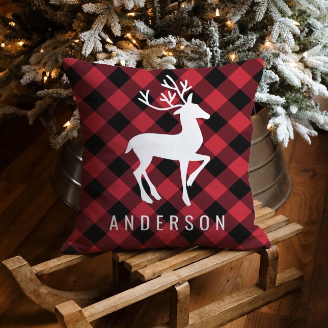 Rustic Red Black Plaid Deer Christmas Monogram Throw Pillow (Creator Uploaded)