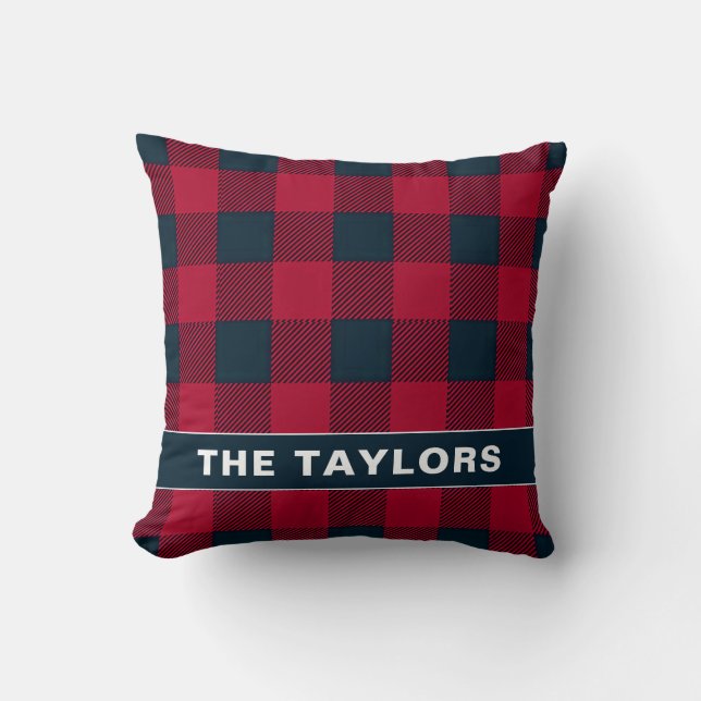 Rustic Red & Black Plaid Family Name Throw Pillow (Front)