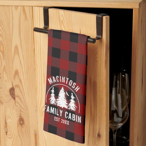 Rustic Red Black Plaid Forest Trees Personalized Kitchen Towel
