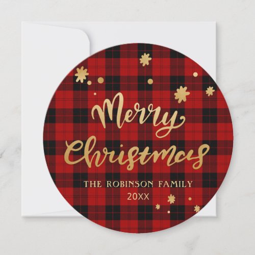 Rustic Red Black Plaid Gold Merry Chistmas Family Holiday Card