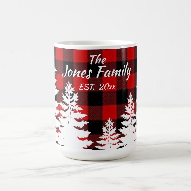 Rustic red black plaid, minimalist pine trees coffee mug (Center)