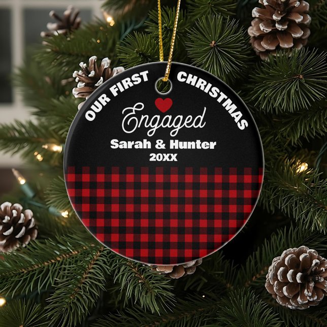 Rustic Red & Black Plaid Our 1st Christmas Engaged Ceramic Ornament (Creator Uploaded)