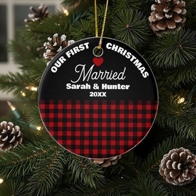 Rustic Red & Black Plaid Our 1st Christmas Married Ceramic Ornament (Creator Uploaded)