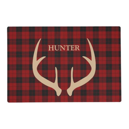 Rustic Red Black Plaid Pattern Dear Antlers Dog Placemat