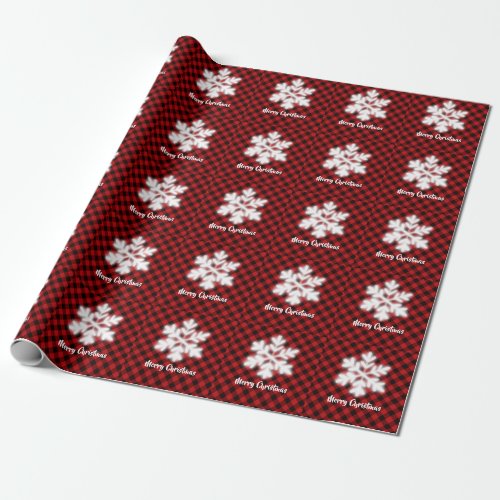 Rustic red black plaid pattern festive snowflakes wrapping paper