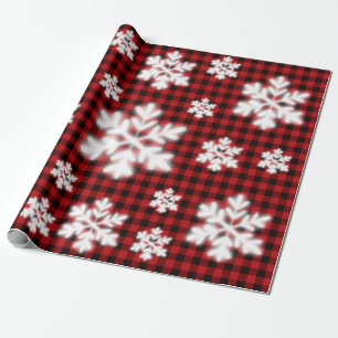 Rustic red black plaid pattern frosty snow flake wrapping paper
