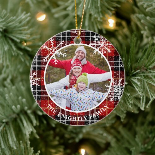 Rustic Red Black Plaid Snowflake Photo Name Ceramic Ornament