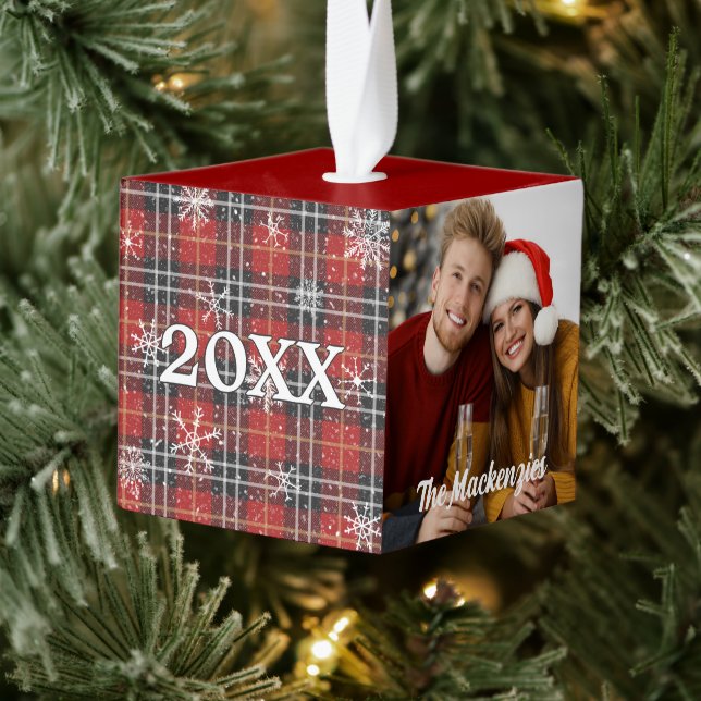 Rustic Red Black Plaid Snowflakes 3 Photos Cube Ornament (Tree)