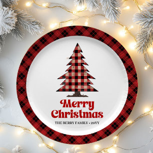Rustic Red Black Plaid Tree Christmas Paper Plates