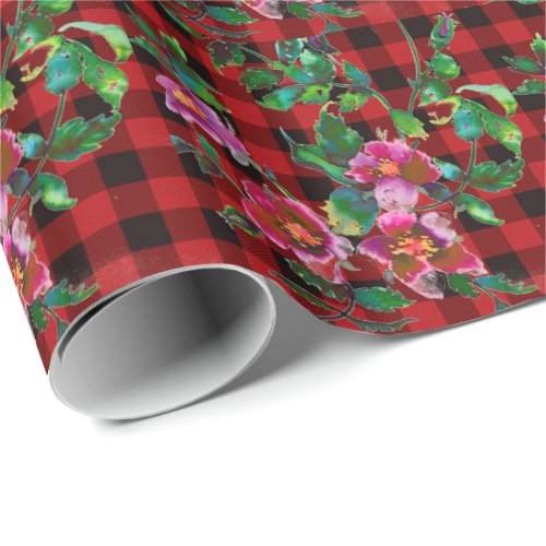 Rustic red black plaid with watercolor rose detail wrapping paper