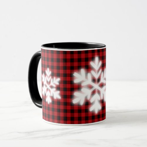 Rustic red black rustic plaid frosty snow flakes mug