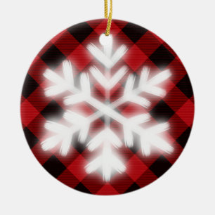 Rustic red black Tartan plaid snow flake detail Ceramic Ornament