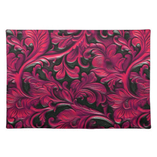 Rustic red black tooled leather floral cloth placemat