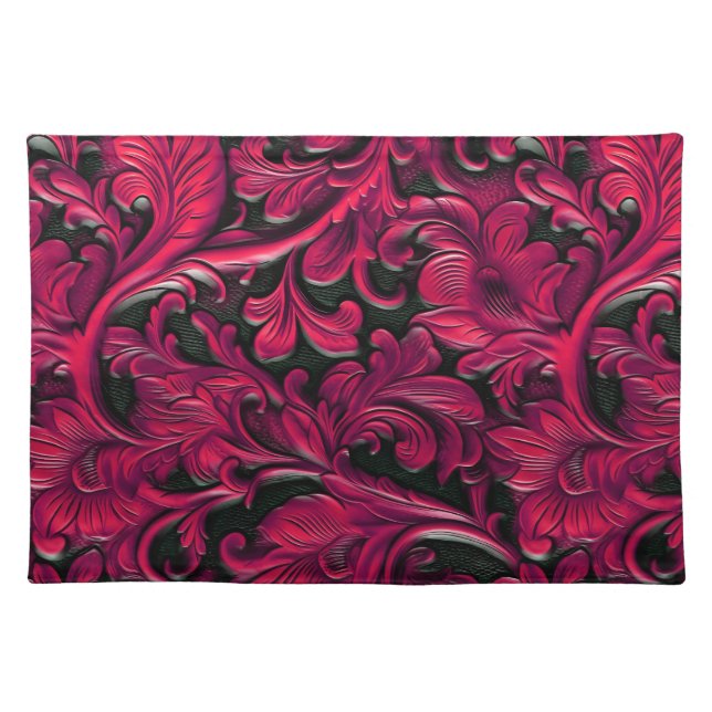 Rustic red black tooled leather floral cloth placemat (Front)