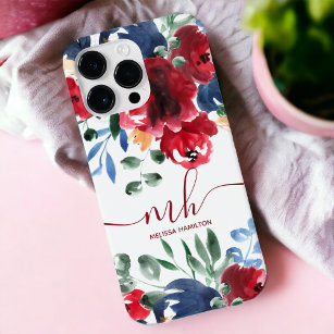 Rustic red blue elegant floral watercolor monogram iPhone XS max case
