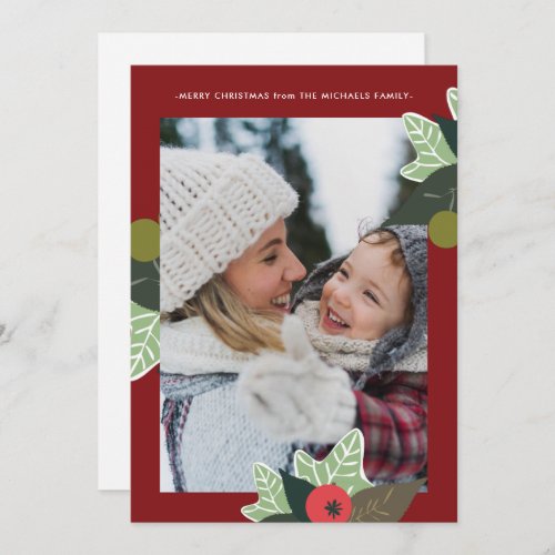 Rustic Red Botanical Frame Photo Christmas Holiday Card