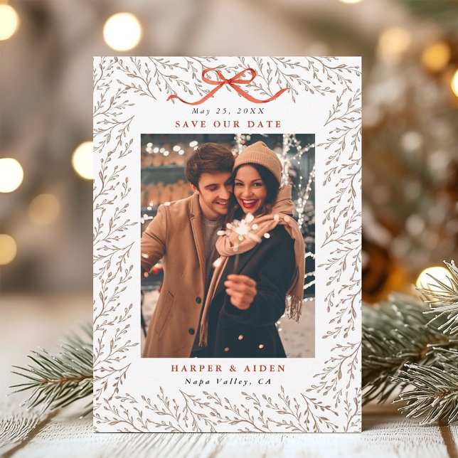 Rustic Red Bow Botanical Photo Save the Date (Creator Uploaded)