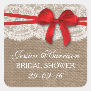 Rustic Red Bow, Burlap & Lace Bridal Shower Square Sticker