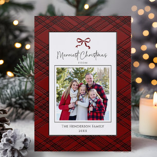 Rustic Red Bow Plaid Family Photo Christmas Letterpress Photo Cards