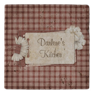 Rustic Red Brown Checks Floral Monogram Trivet
