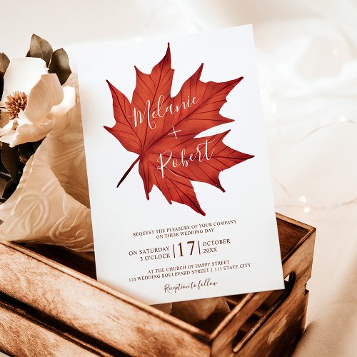 Rustic red brown maple leaf simple wedding initial invitation