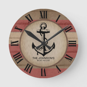 Rustic Red & Brown Nautical Stripes & Anchor Roun Round Clock
