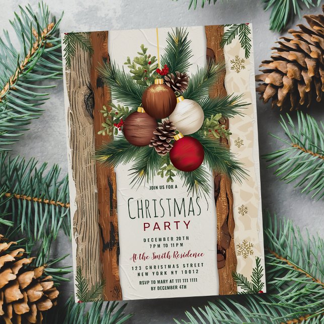 Rustic red Brown Ornaments Christmas Party Invitation (Rustic red Brown Ornaments Christmas Party )