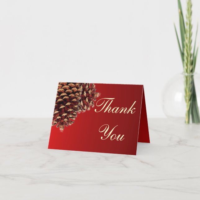 Rustic red brown pine cone thank you cards (Front)