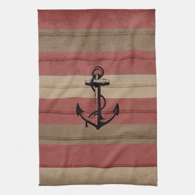 Rustic Red & Brown Wood Nautical Stripes & Anchor Kitchen Towel (Vertical)